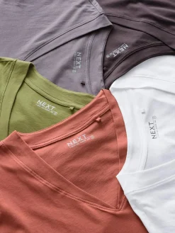 Next White/Grey/Khaki/Rust/Brown V-Neck Cap Sleeve 100% Cotton T-Shirts 5 Pack^Women Nightwear|Tops & T-Shirts