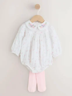 Clearance Next White/Pink Ditsy Baby Bloomer Rompers Set 2 Piece with Tights (0mths-3yrs)