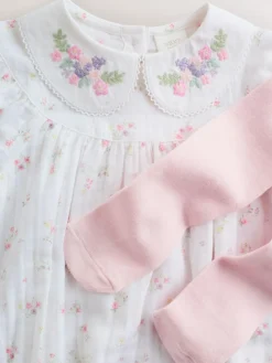 Clearance Next White/Pink Ditsy Baby Bloomer Rompers Set 2 Piece with Tights (0mths-3yrs)