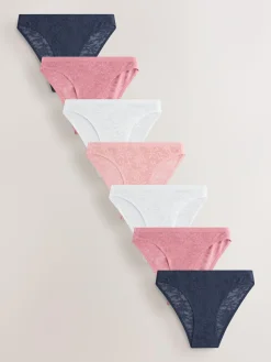 Next White/Pink/Praline Nude High Leg Comfort Bonded Lace Knickers 7 Pack^Women Panties