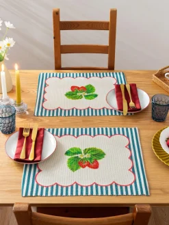 Wylder Blue Strawberry Stripes 46x36cm Table Placemats Set Of 4^ Table Linen, Placemats & Coasters