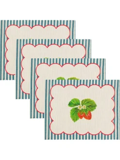 Wylder Blue Strawberry Stripes 46x36cm Table Placemats Set Of 4^ Table Linen, Placemats & Coasters