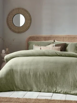 Outlet Yard Lark Muslin 100% Cotton Duvet Cover and Pillowcase Set Eucalpytus Green