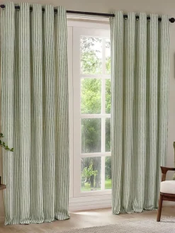 New Yard Hebden Striped Cotton Pencil Pleat Curtains Pair Green