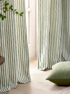 New Yard Hebden Striped Cotton Pencil Pleat Curtains Pair Green