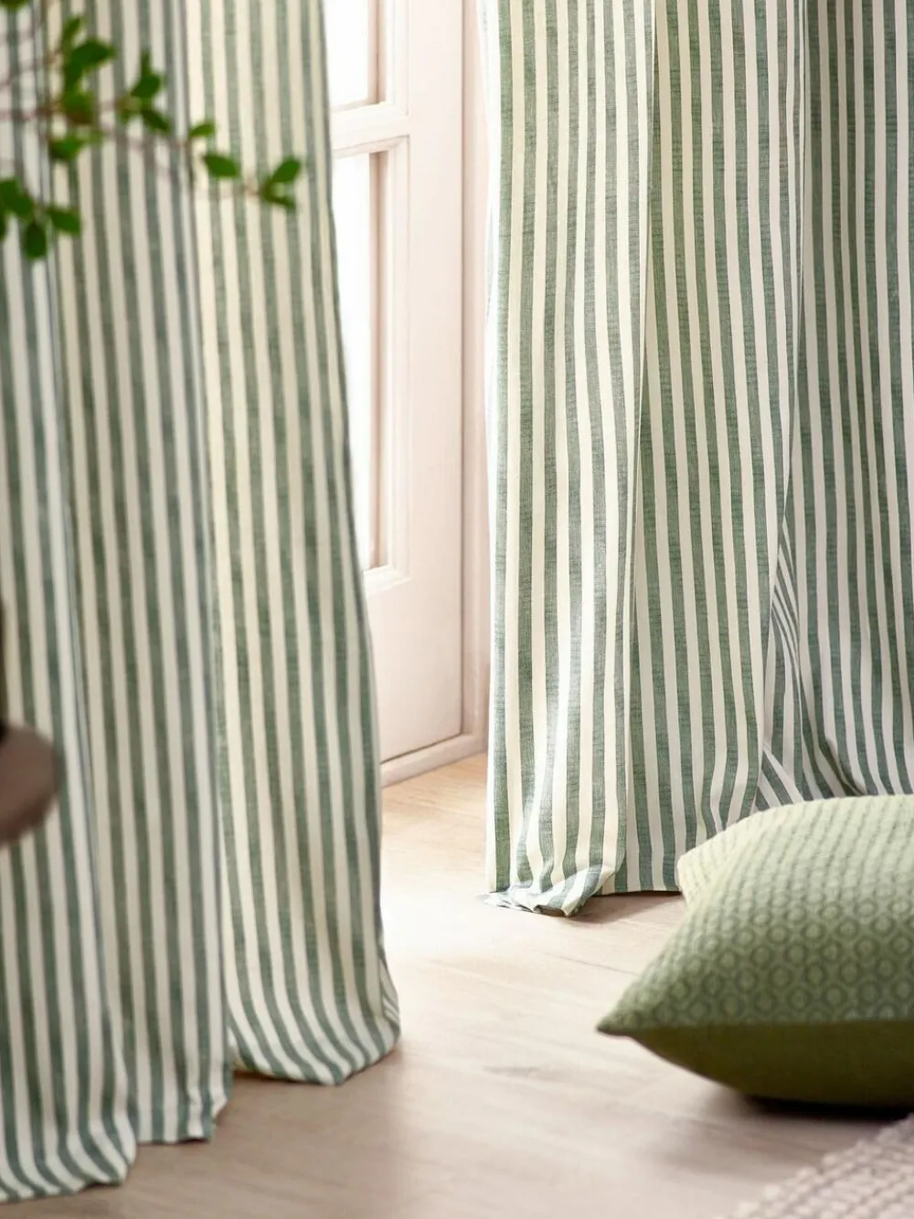 Yard Hebden Striped Cotton Blackout Pencil Pleat Curtains Green