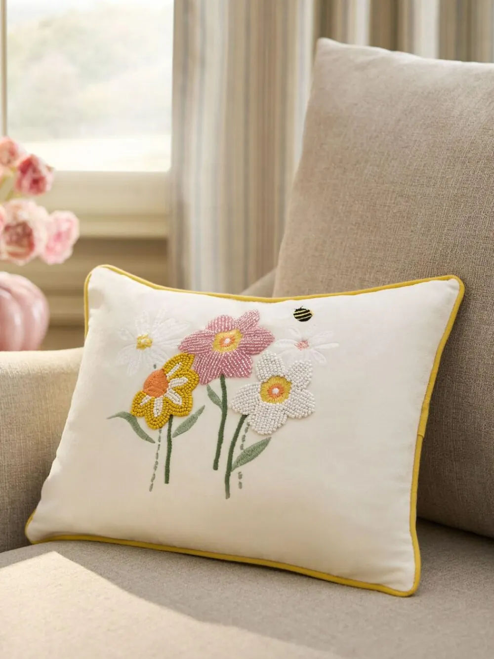 Next Yellow 30 X 40cm Embellished Daisy And Daffodils Cushion^ Cushions & Throws