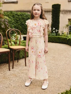 New Next Short Sleeve Pleated Ruffle Jumpsuit (3-16yrs) Yellow Floral
