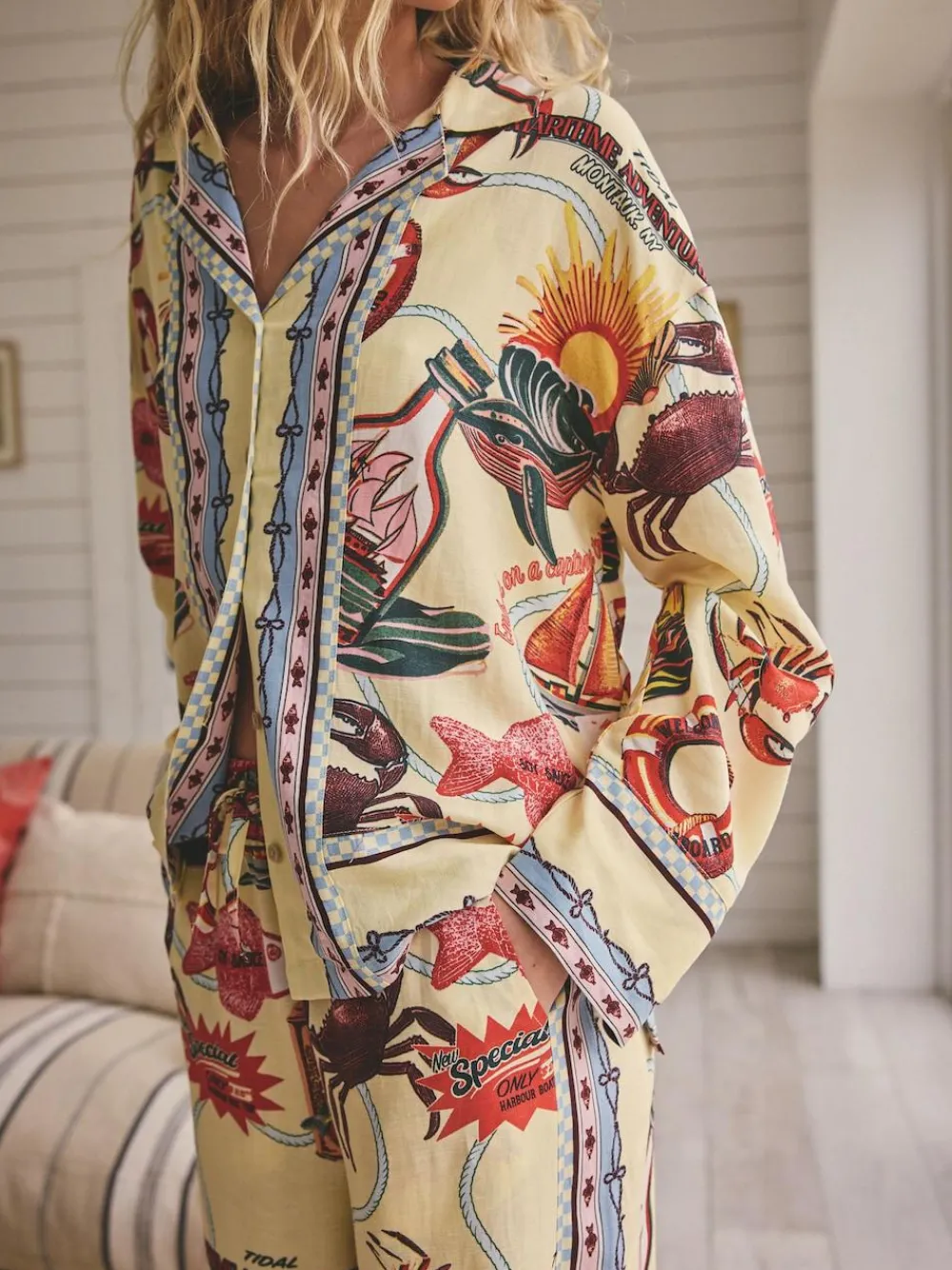 Next Yellow Viscose/Linen Blend Button Through Pyjamas^Women Pyjamas|All Night & Lounge