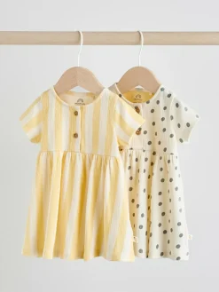 Online Next Baby Short Sleeve Dress 2 Pack (0mths-3yrs) Yellow/Cream Spot/Stripe