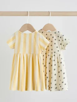 Online Next Baby Short Sleeve Dress 2 Pack (0mths-3yrs) Yellow/Cream Spot/Stripe