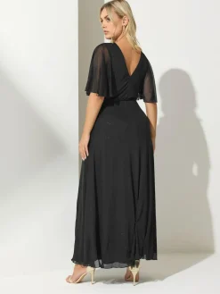 New Yours Curve London Glitter Wrap Mesh Maxi Dress Black