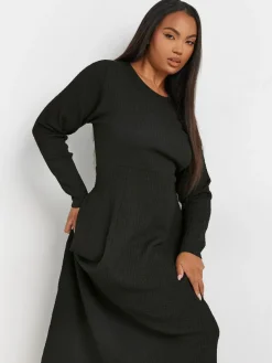 New Yours Curve Black Textured Flared Maxi Dress