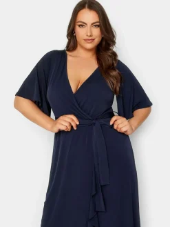 Discount Yours Curve Blue London Ruffle Wrap Dress