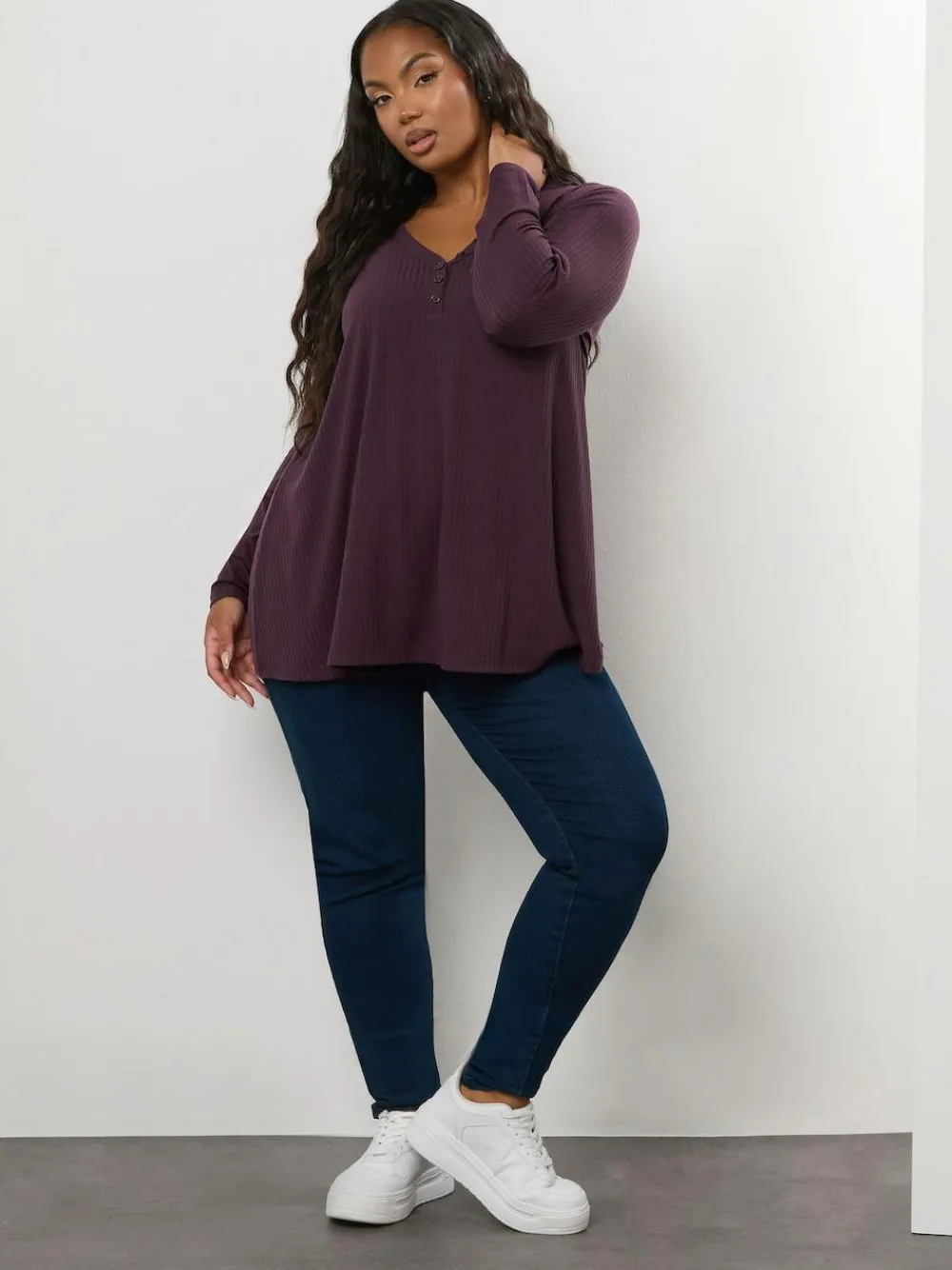 Sale Yours Curve Henley Ribbed Swing Blouse Purple