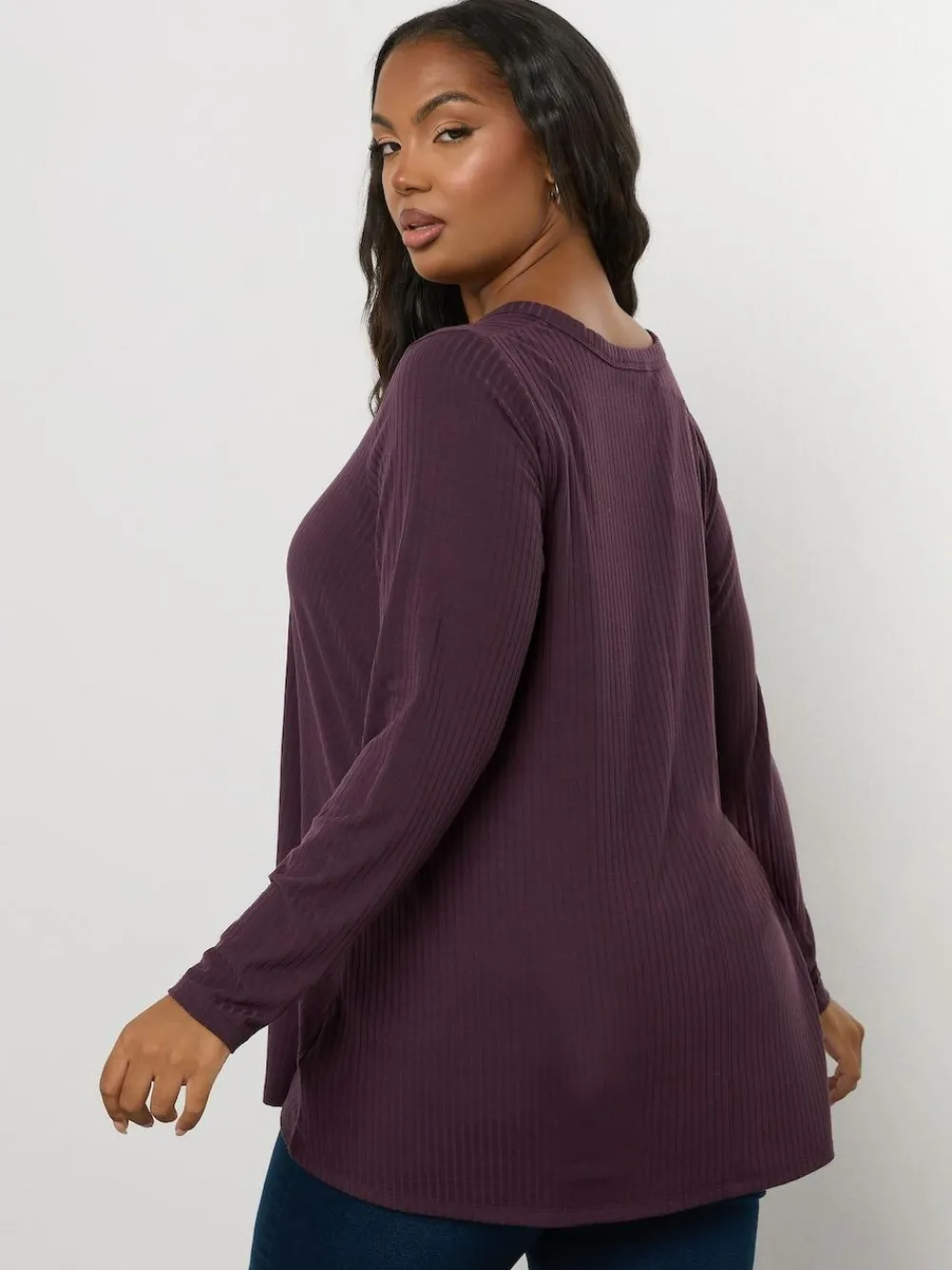 Sale Yours Curve Henley Ribbed Swing Blouse Purple
