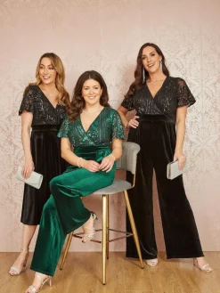 Sale Yumi Sequin Embellished Velvet Jumpsuit With Angel Sleeves Black