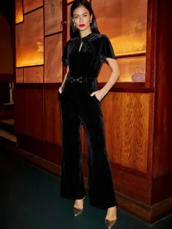 Yumi Black Velvet Jumpsuit With Twist Neckline And Buckle Belt^Women Jumpsuits & Playsuits