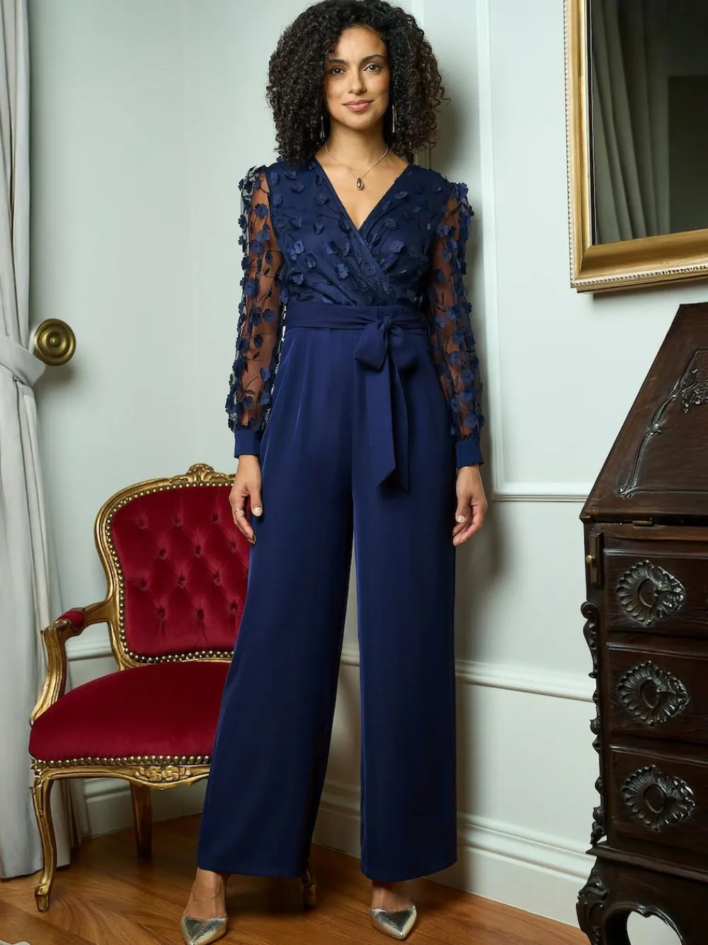 Sale Yumi Blue Flower Appliqué Jumpsuit