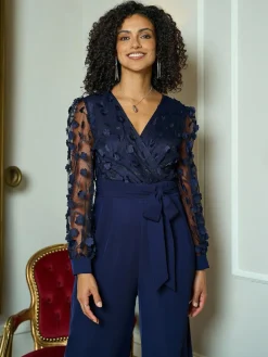 Sale Yumi Blue Flower Appliqué Jumpsuit