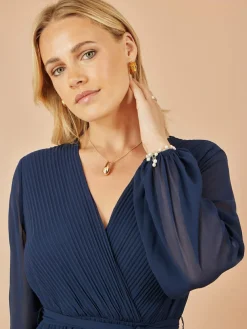 Hot Yumi Pleated Wrap Midi Dress With Sheer Long Sleeves Blue