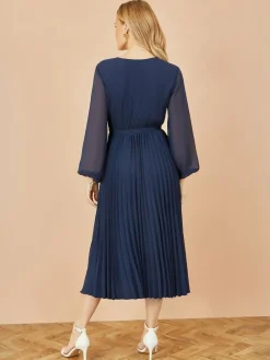 Hot Yumi Pleated Wrap Midi Dress With Sheer Long Sleeves Blue