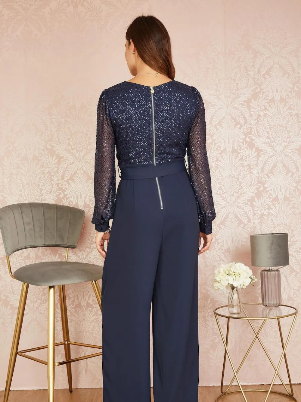 Sale Yumi Blue Sequin Jumpsuit With Long Sleeves
