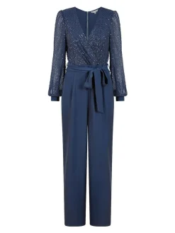 Sale Yumi Blue Sequin Jumpsuit With Long Sleeves