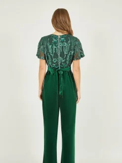 Online Yumi Sequin Embellished Velvet Jumpsuit With Angel Sleeves Green